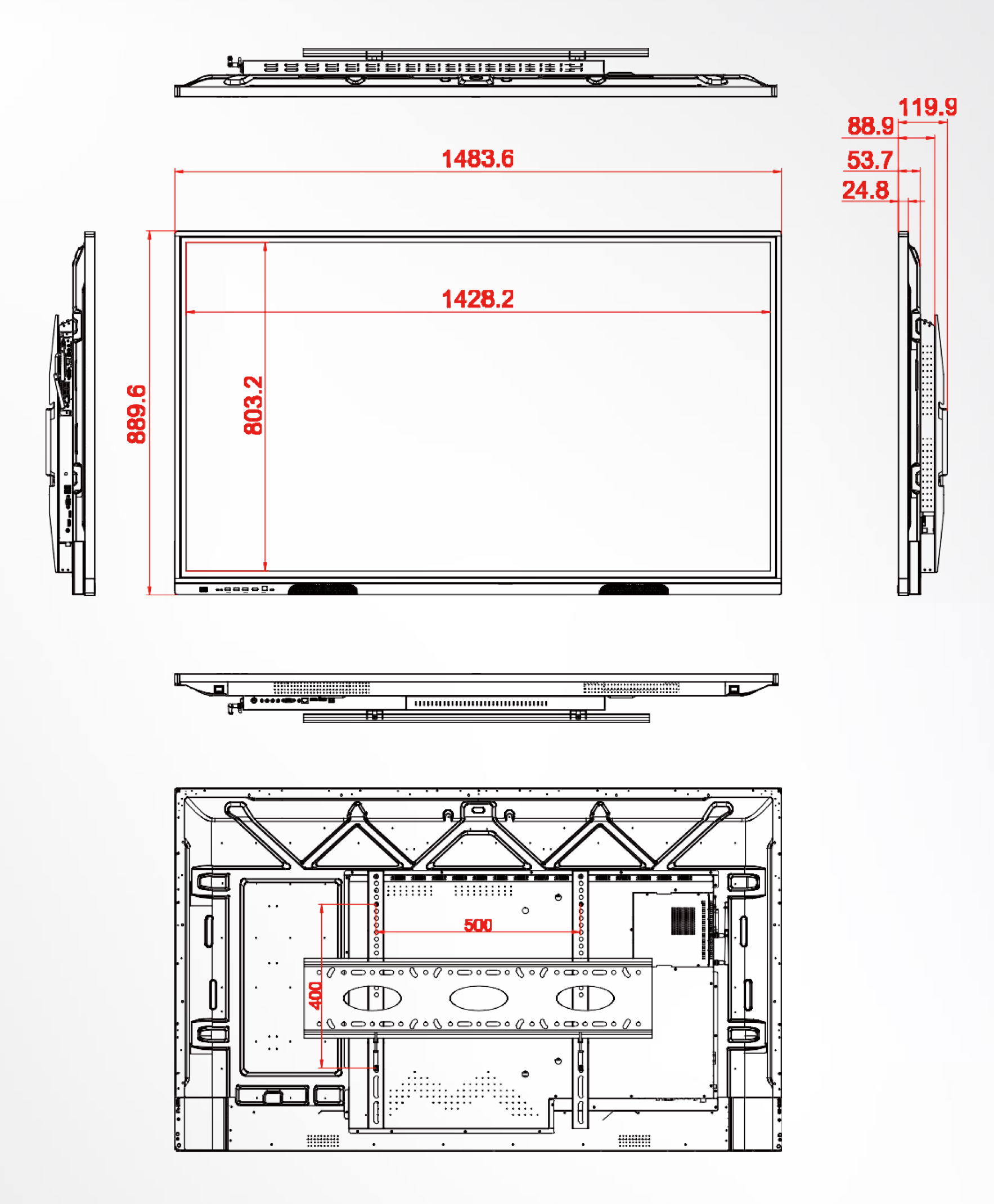 Product dimensions and six views – 65 Inch